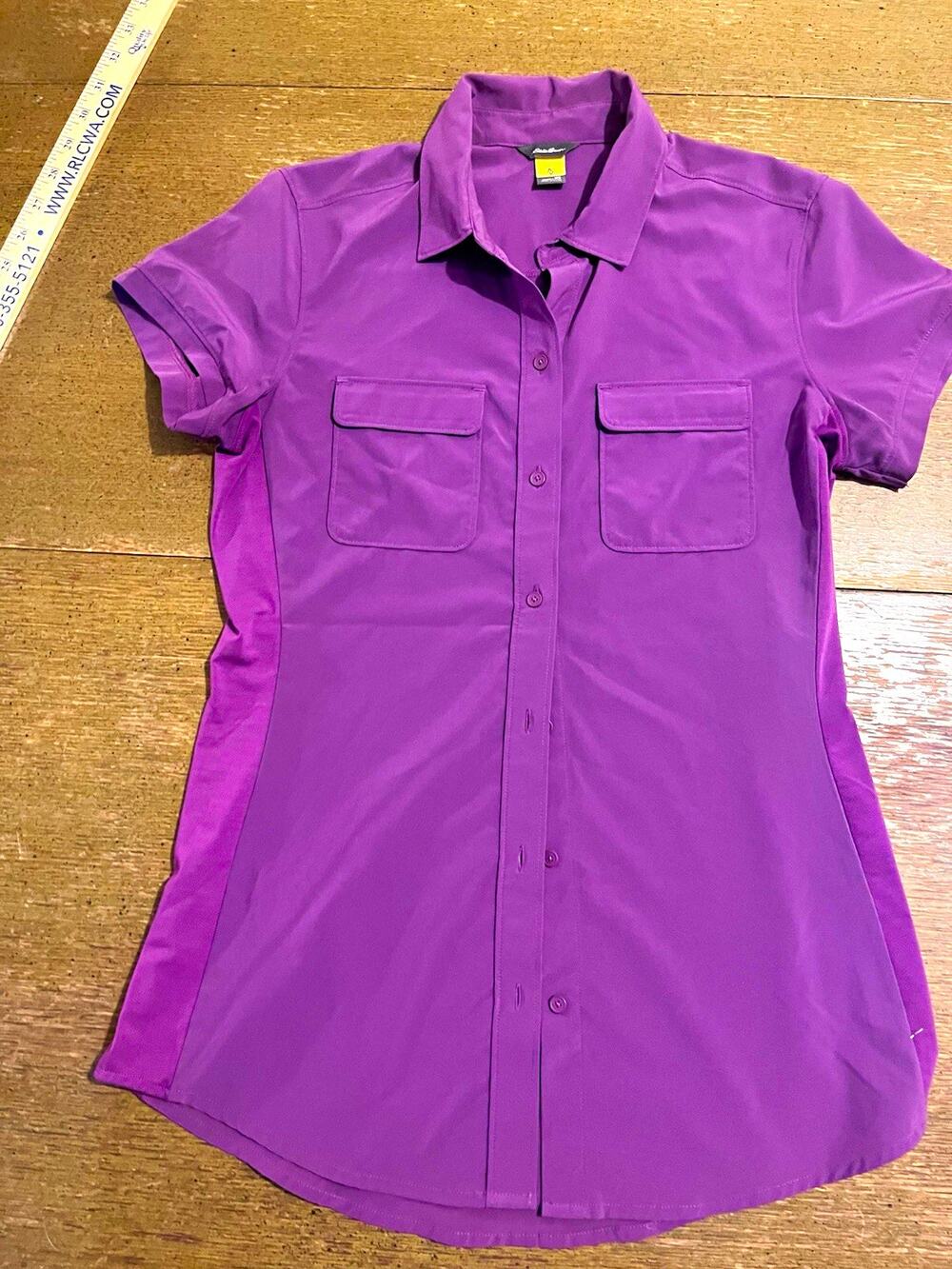 Eddie Bauer Womens XS Purple Collared Button-Up Shirt Stretch Solid Short Sleeve